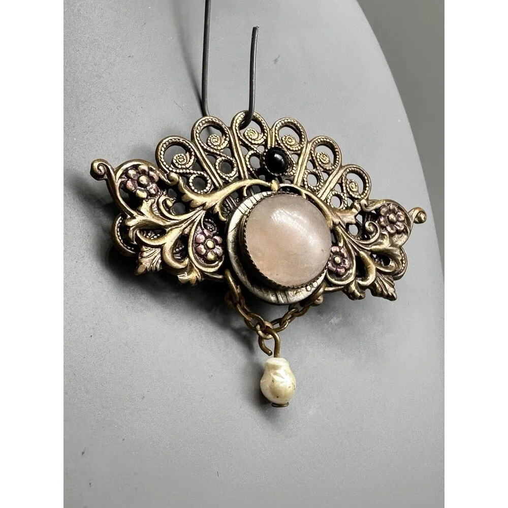 Vintage Rose Quartz & Freshwater Pearl Art Nouveau Brooch Pin